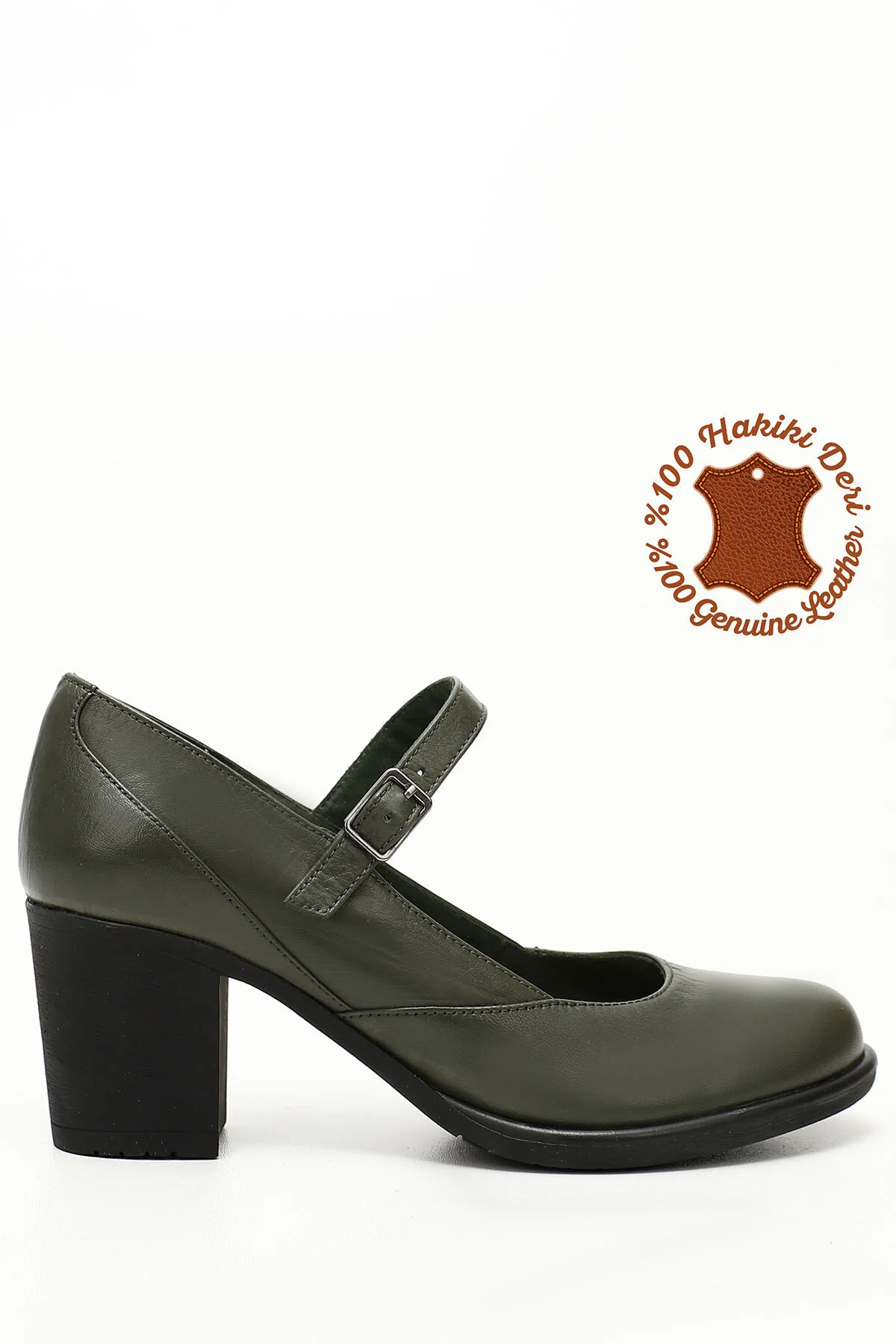 Bild von GÖNDERİ(R) Khaki Antique Heart Schuhe Aus Echtem Leder Mit Runder Zehenpartie Und Mittlerem Absatz Und Gummisohle 24136 für Damen - 40