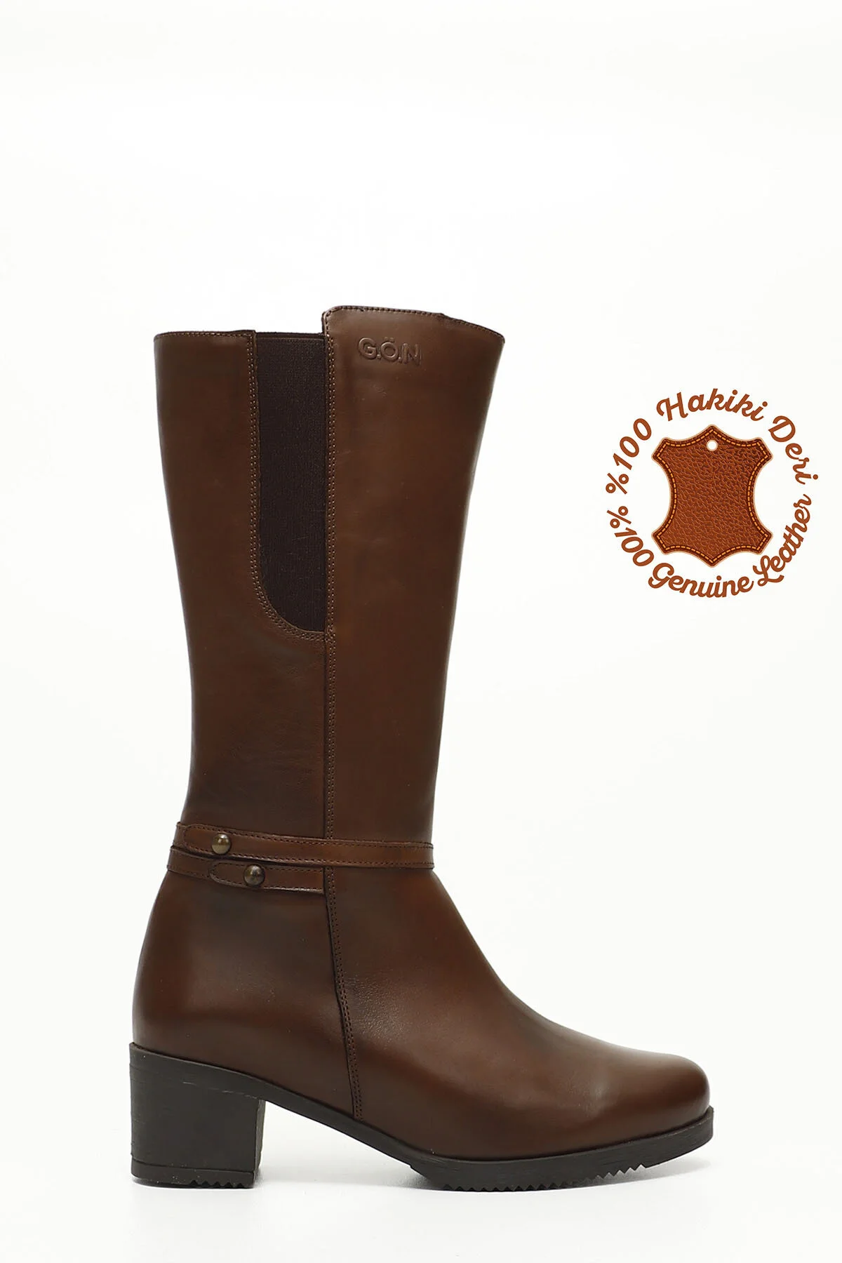 Bild von GÖNDERİ(R) Braun Antik Gön Echtleder Runde Zehen Gummisohle Absätze Alltagsstiefel Gn514 für Damen - 38