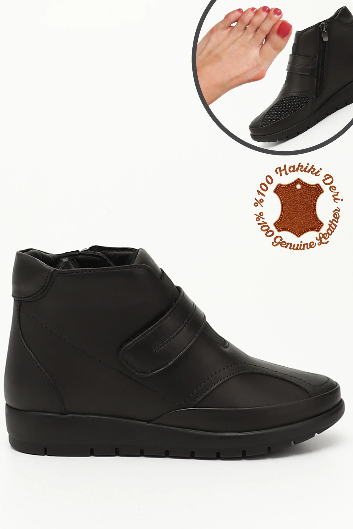 Bild von GÖNDERİ(R) Schwarze Stiefel Aus Echtem Leder Mit Reißverschluss, Speziell Für Knochenvorsprünge für Damen - 36