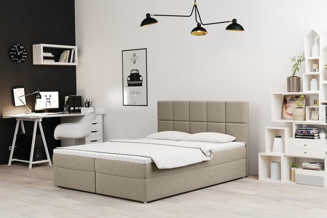 Bild von Fun Möbel Boxbett Schlafzimmerbett FRASCO Überlänge in Stoff Soro (Inkl. Bettkasten, Inkl. Topper), Gestepptes Kopfteil