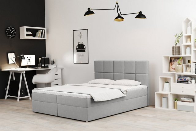 Bild von Fun Möbel Boxspringbett Schlafzimmerbett FRASCO Überlänge in Stoff Soro (Inkl. Bettkasten, Inkl. Topper), Gestepptes Kopfteil