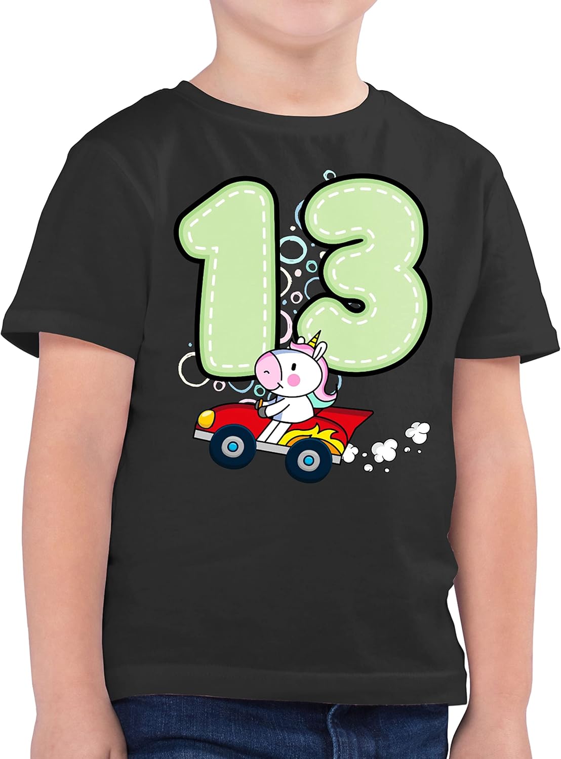 Bild von Kinder T-Shirt Jungen - 13. Geburtstag - Dreizehn Einhorn Rennauto - 104 (3/4 Jahre) - Anthrazit - 13 Geschenke Tshirt zum Jahre