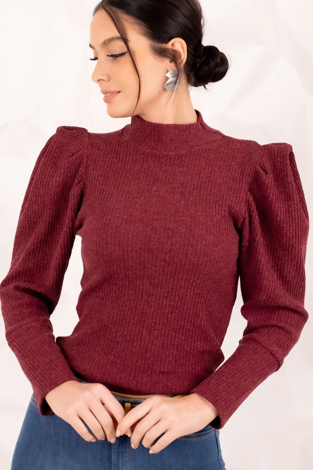 Bild von armonika Burgunderroter Strickpullover Mit Wassermelonenärmeln für Damen - S