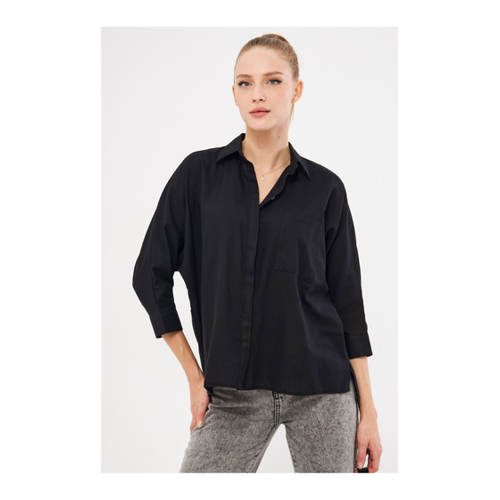Bild von Armonika Schwarzes Freizeit-Leinenhemd mit Taschen für Damen - XL