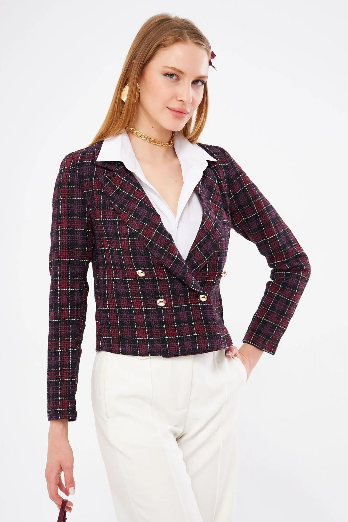 Bild von armonika Pflaumenfarbene Zweireiher-kragen-tweed-crop-jacke für Damen - S