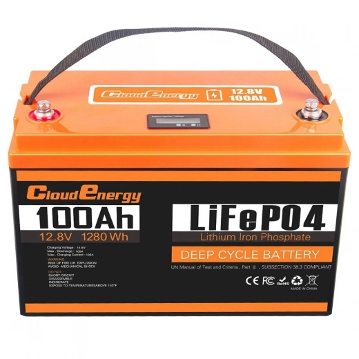 Bild von Cloudenergy 12 V 100 Ah LiFePO4 Akku, 1280 Wh, 6000+ Zyklen, integriertes 100 A BMS, unterstützt Serien-/Parallelschaltung