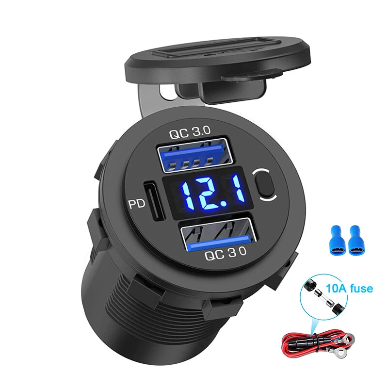Bild von Three Port 12V/24V USB Charger Socket Dual 18W QC 3.0 & 20W PD USB-C For Car Motorcycle With Voltmeter Power Switch