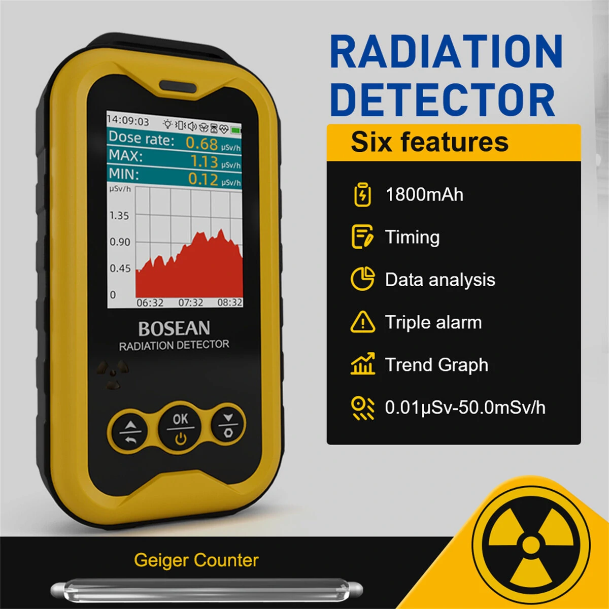 Bild von BOSEAN FS-5000 Nuclear Radiation Tester 2.4-inch TFT LED Glass Geiger Counter High Sensitivity Reliable Dose Measurement