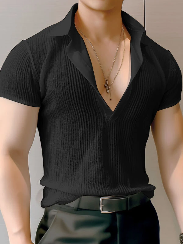 Bild von INCERUN Men Fashion Stripe Short Sleeve T-shirt Summer See-through V-neck Tee Solid Color Mens Top