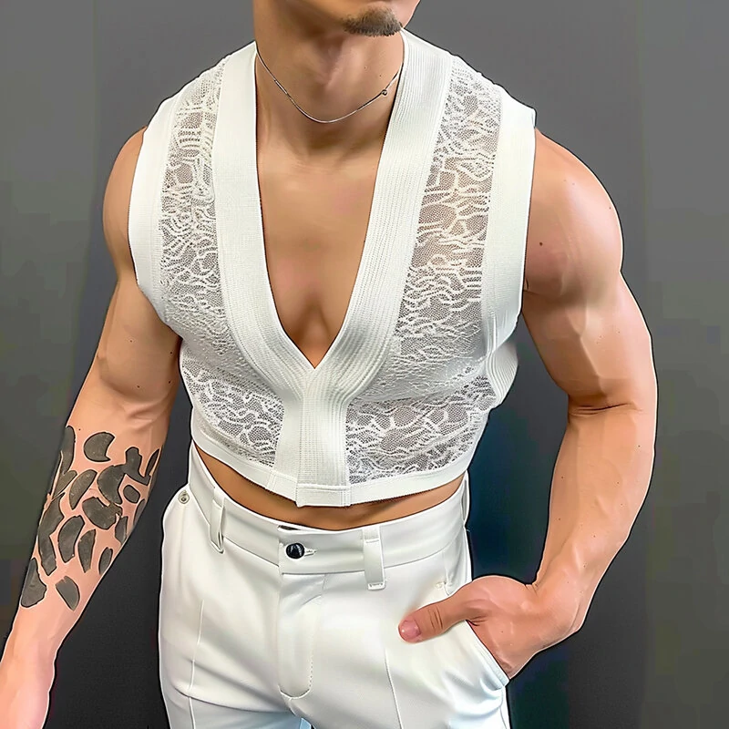Bild von INCERUN Men's Fashion Lace Mesh Patchwork V-neck Tank Top