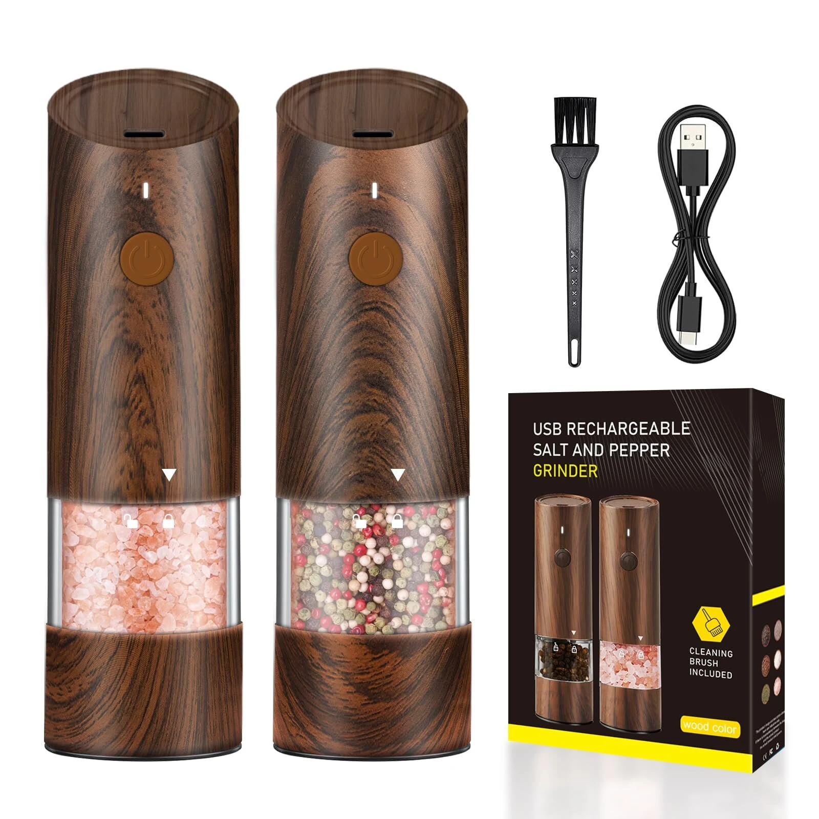 Bild von 500mAh Electric Pepper Grinder in Wood Grain Color Electric Salt and Pepper Grinder Set with 6 Adjustable Coarseness Adj