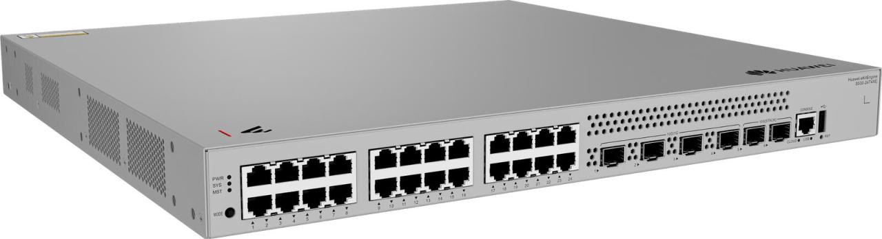 Bild von Huawei eKitEngine S530S Series S530-24T4XE - Switch - L3 - managed - 24 x 10/100/1000 + 4 x 1 Gigabit / 10 Gigabit SFP+ + 2 x 10 Gigabit (Uplink / Stacking) - Front und Seite zu Hinterseite - an Rack montierbar (98012554)