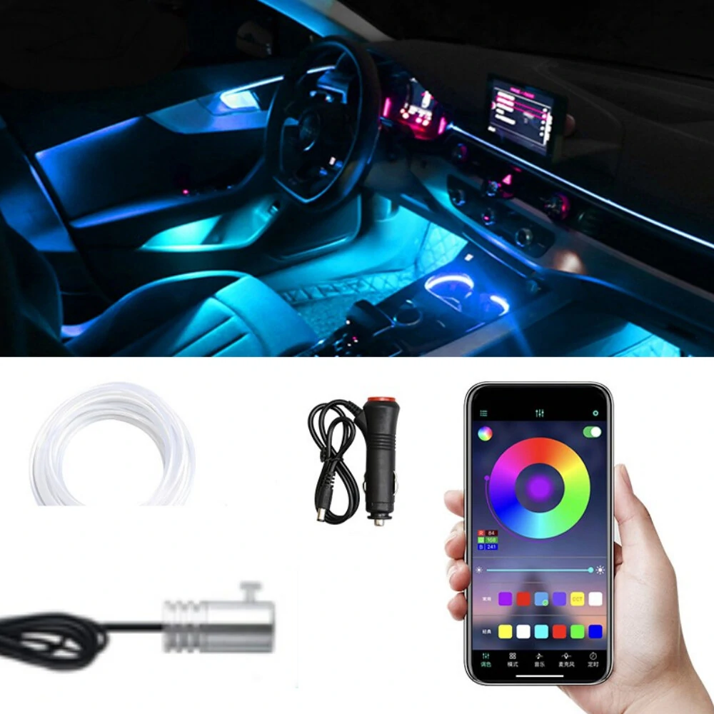 Bild von 1IN1 2M RGB LED Atmosphere Car Interior Ambient Light Fiber Optic Strips Light by App Control Neon LED Auto Decorative L