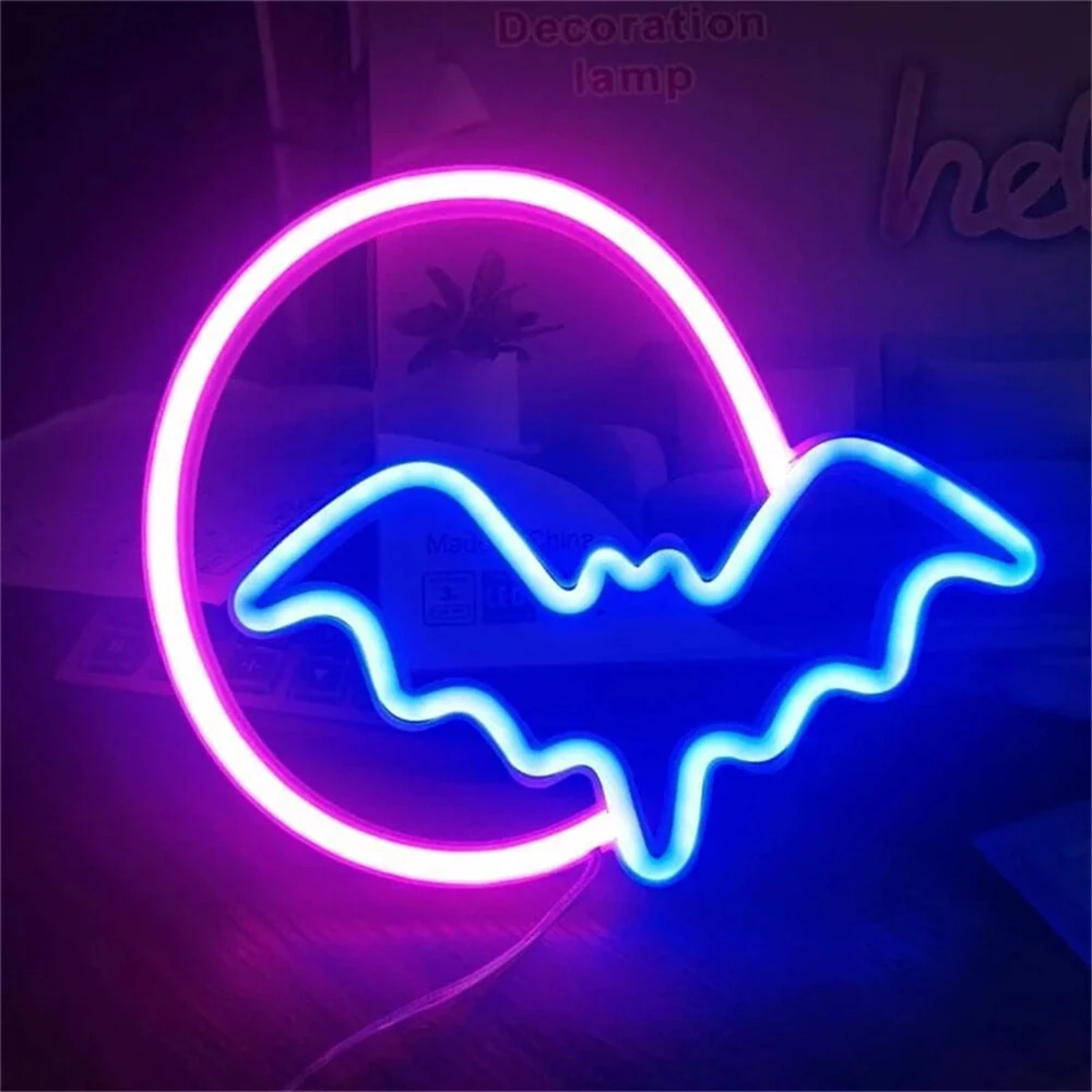 Bild von Halloween Bat Moon Neon Sign LED Light USB or Battery Powered IP42 Waterproof Festive Wall and Table Decor