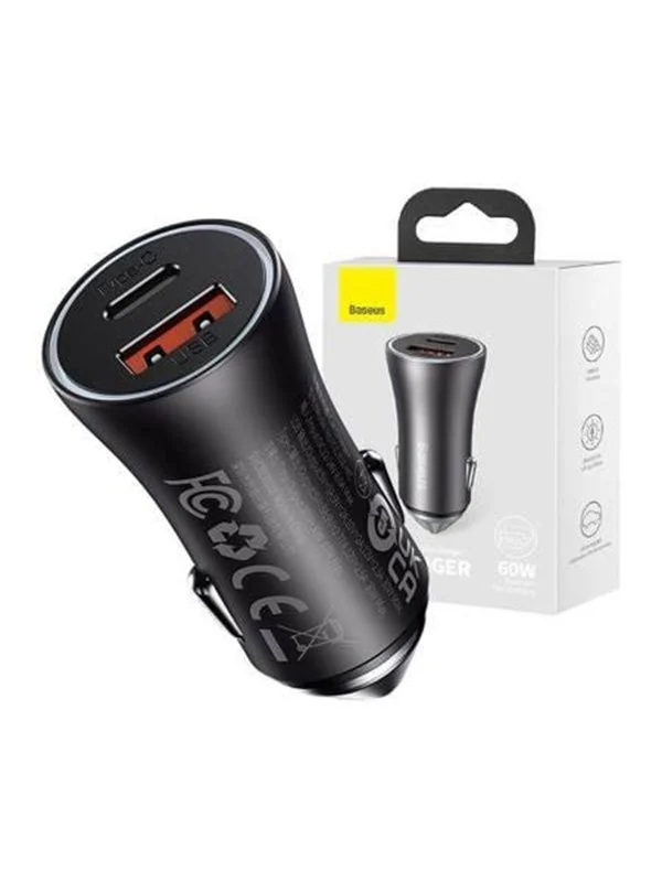 Bild von Baseus Golden Contactor Max car charger, USB + USB-C, 60W (gray), Auto Adapter, Grau