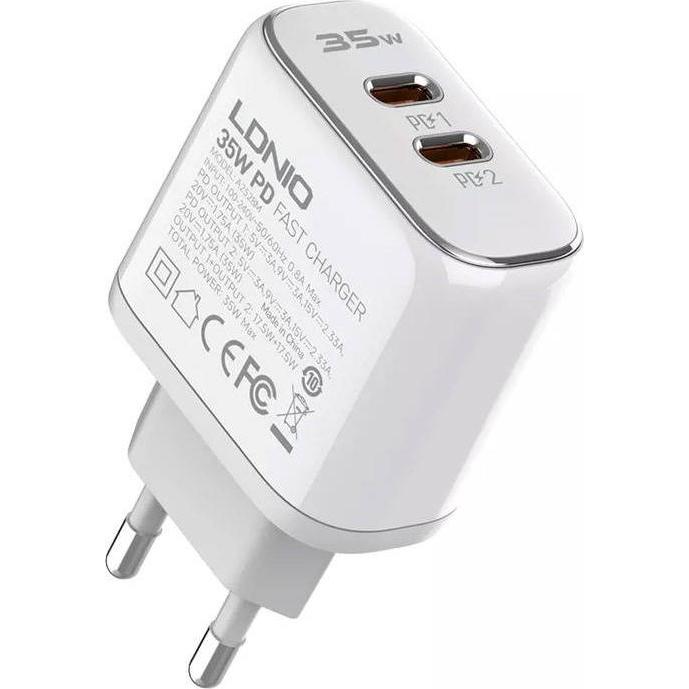 Bild von Ldnio MFi wall charger A2528M, 2xUSB-C, USB-C to Lightning 35W (35 W), USB Ladegerät, Weiss