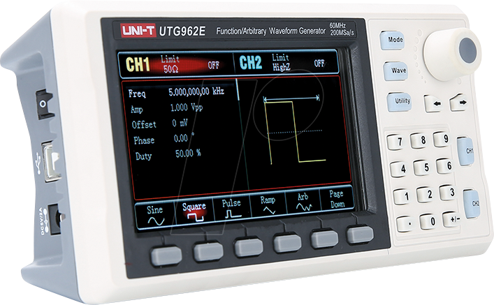 Bild von UNI-T UTG962E Function Generator Arbitrary Waveform 60 MHz Dual-Channel 200MSa/s 14 Bits Frequency Meter with USA Power Adapter USB Cable Power Cord