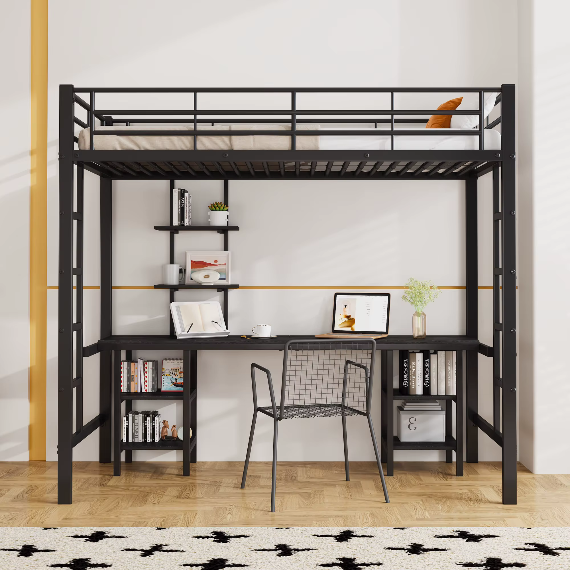 Bild von Eisen-Etagenbett 90x200 cm, mit Tisch und Regalen, für  und Jugendliche, Schwarz, mit Seitenleiter