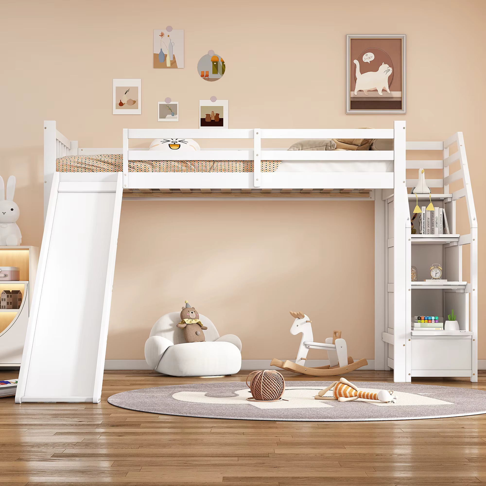Bild von Hochbett für Kinder, 90x200 cm, weiß, mit Rutsche, Ablageleiter, EN747 zertifiziert