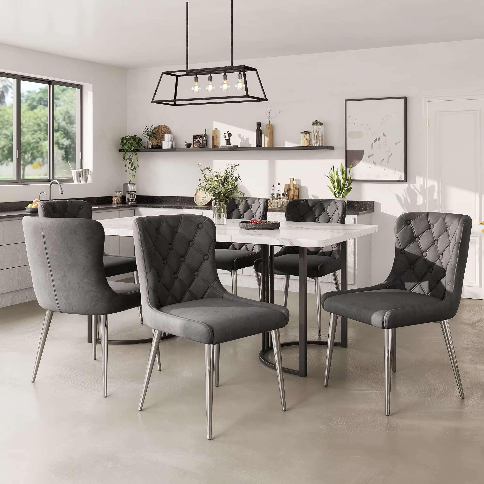 Bild von Esszimmerstühle (6er-Set) mit Samtbezug, ergonomisches Design, rostfreie Stahlbeine, Dunkelgrau