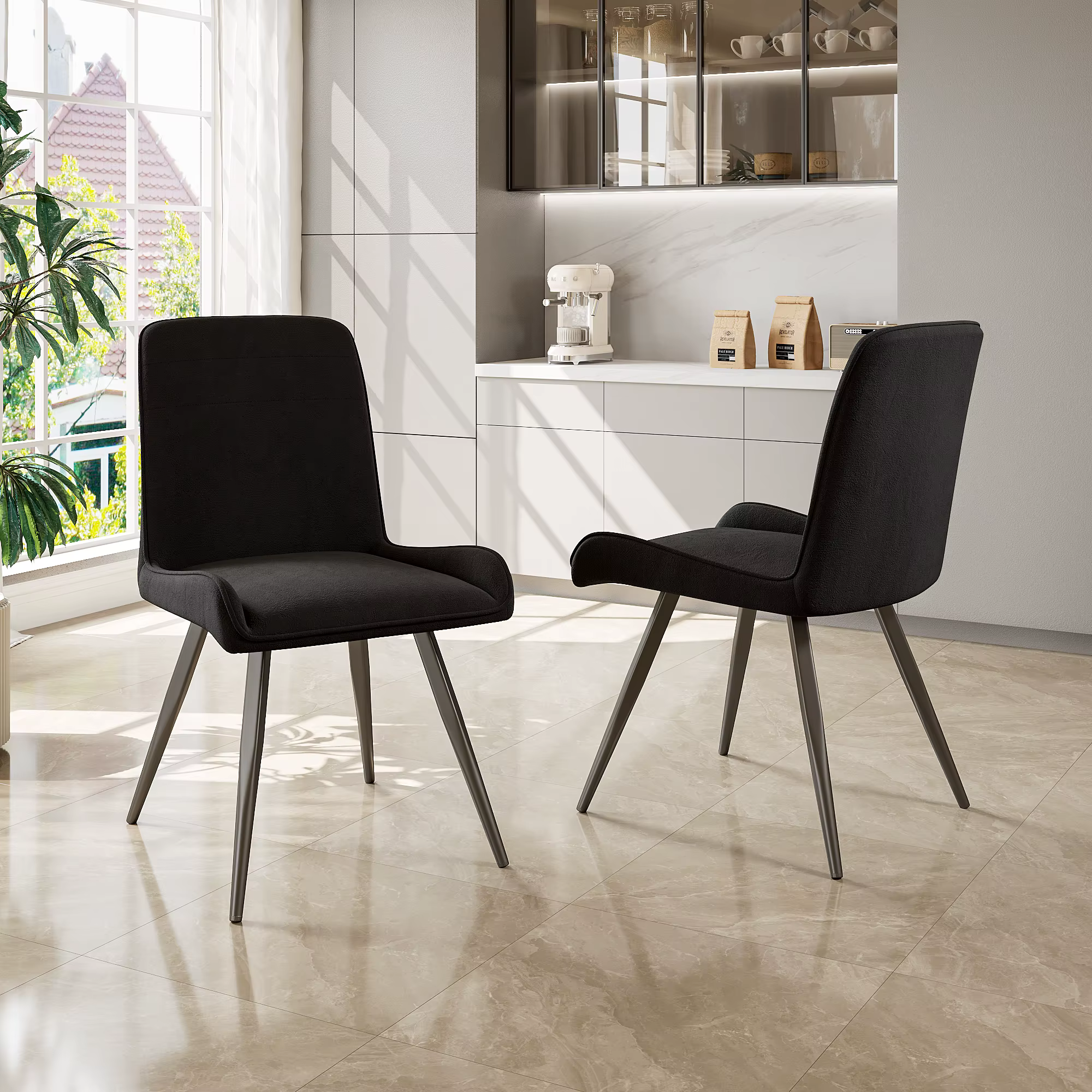Bild von Esszimmerstühle 2er Set, Ergonomischer Küchenstuhl mit Rückenlehne, Metallbeine, Schwarz
