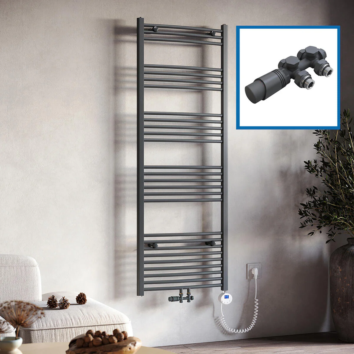 Bild von SONNI Badheizkörper Elektrisch mit Thermostat Anthrazit Handtuchtrockner Mittelanschluss Oval Handtuchwärmer für Bad Heizung Ohne /Mit Multiblock