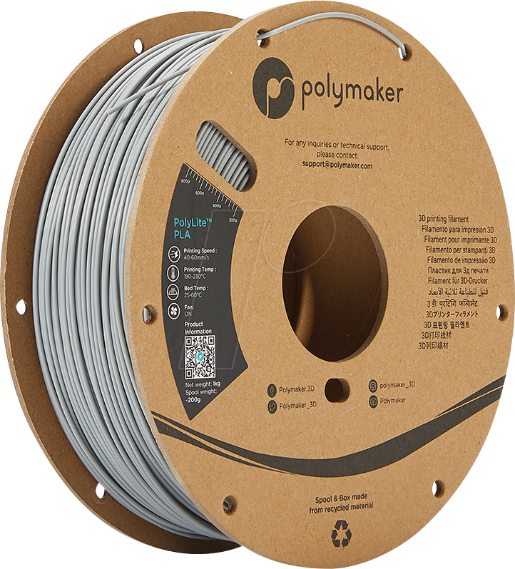 Bild von Polymaker PolyLite PLA V2 - Grey - 1.75mm (PLA, 1.75 mm, 1000 g, Grau), 3D Filament, Grau