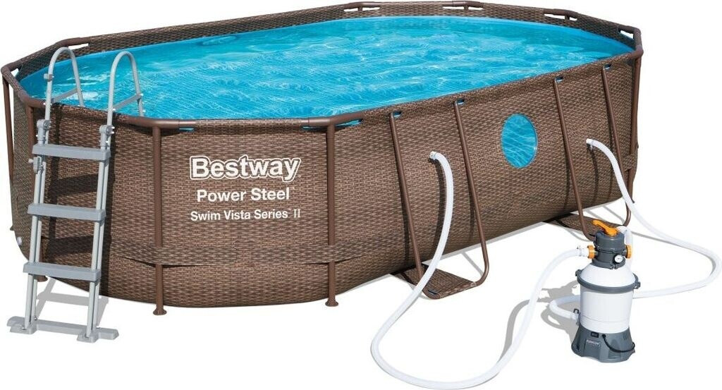 Bild von Bestway Power Steel Swim Vista Series Frame Pool Komplett-Set mit Sandfilteranlage 488 x 305 x 107 cm , Steinwand-Optik (Cremegrau), oval, beige