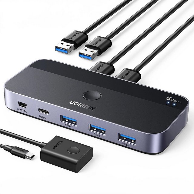 Bild von UGREEN USB Switch 2PC mit 1xUSB C Port und 3xUSB A Ports, 2 In 4 Out USB 3.0 Switcher Alugehäuse mit Desktop-Kontroller, 2 USB A auf A Kabeln für Tastatur, Maus, Drucker, Scanner, USB Stick usw.