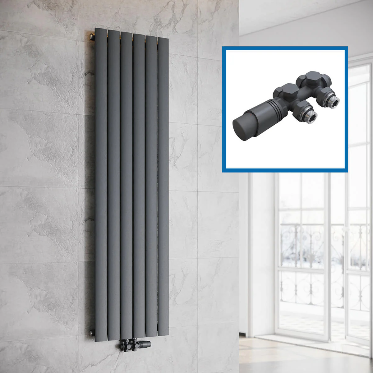 Bild von SONNI Badheizkörper Design Flach Heizkörper Antrazit Paneelheizkörper Vertikal Mittelanschluss  1600*465mm ohne/mit Mutiblock