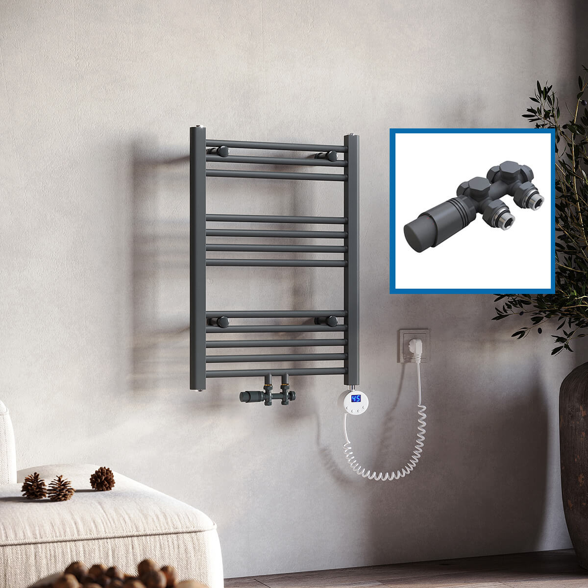 Bild von SONNI Badheizkörper Elektrisch mit Thermostat Anthrazit Handtuchtrockner Mittelanschluss Oval Handtuchwärmer für Bad Heizung Ohne /Mit Multiblock