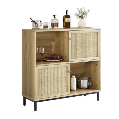 Bild von GarveeMore Beistellschrank Buffetschrank mit Stauraum, Rattan-Sideboard, Schiebetür