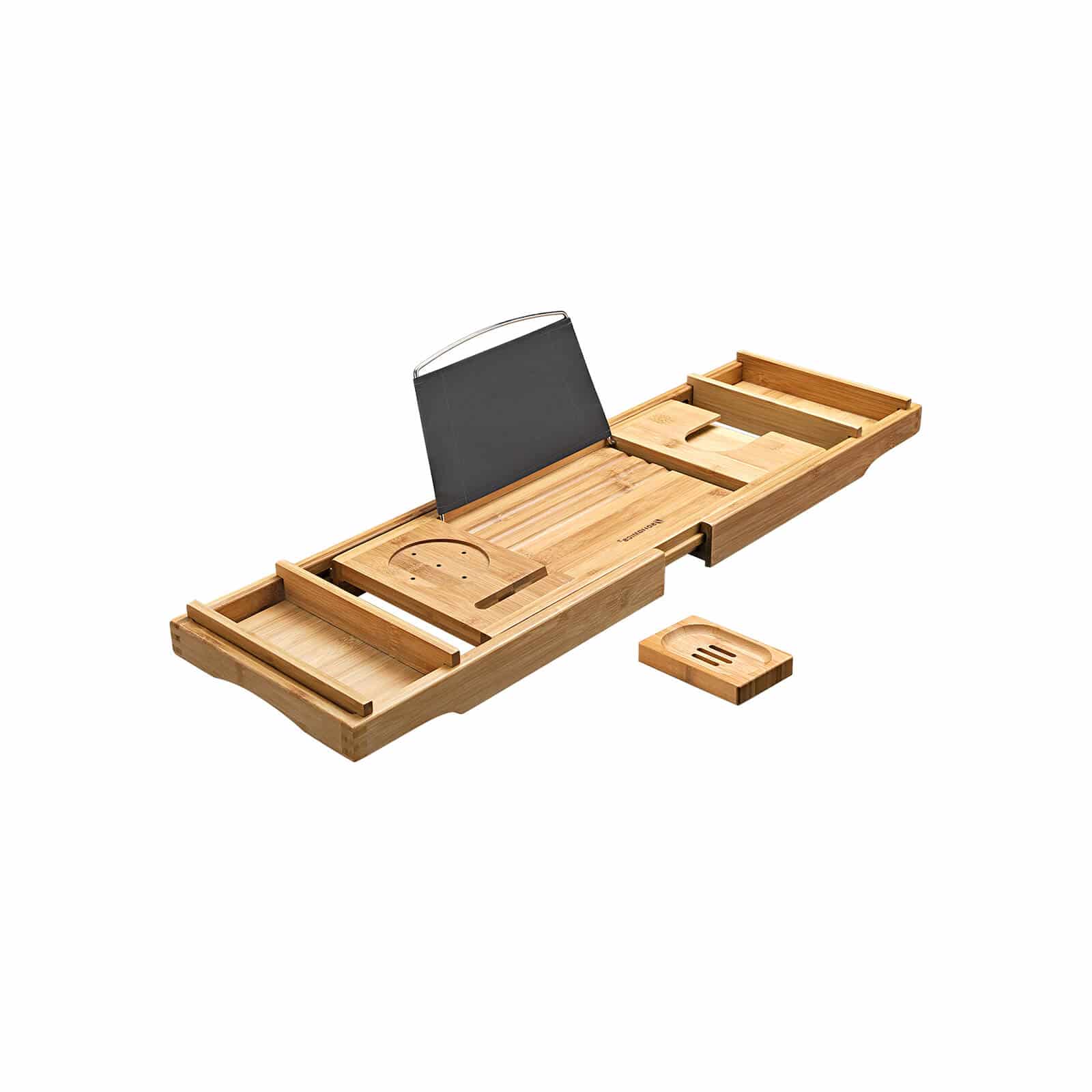 Bild von SONGMICS ausziehbare Badewannenablage aus Bambus verstellbares Badewannenbrett Badewannen Ablagen, mit Getränkehalter, Buchstütze, Seifenhalter 75-109 x 4,5 x 23 cm (B x H x T) BCB88Y