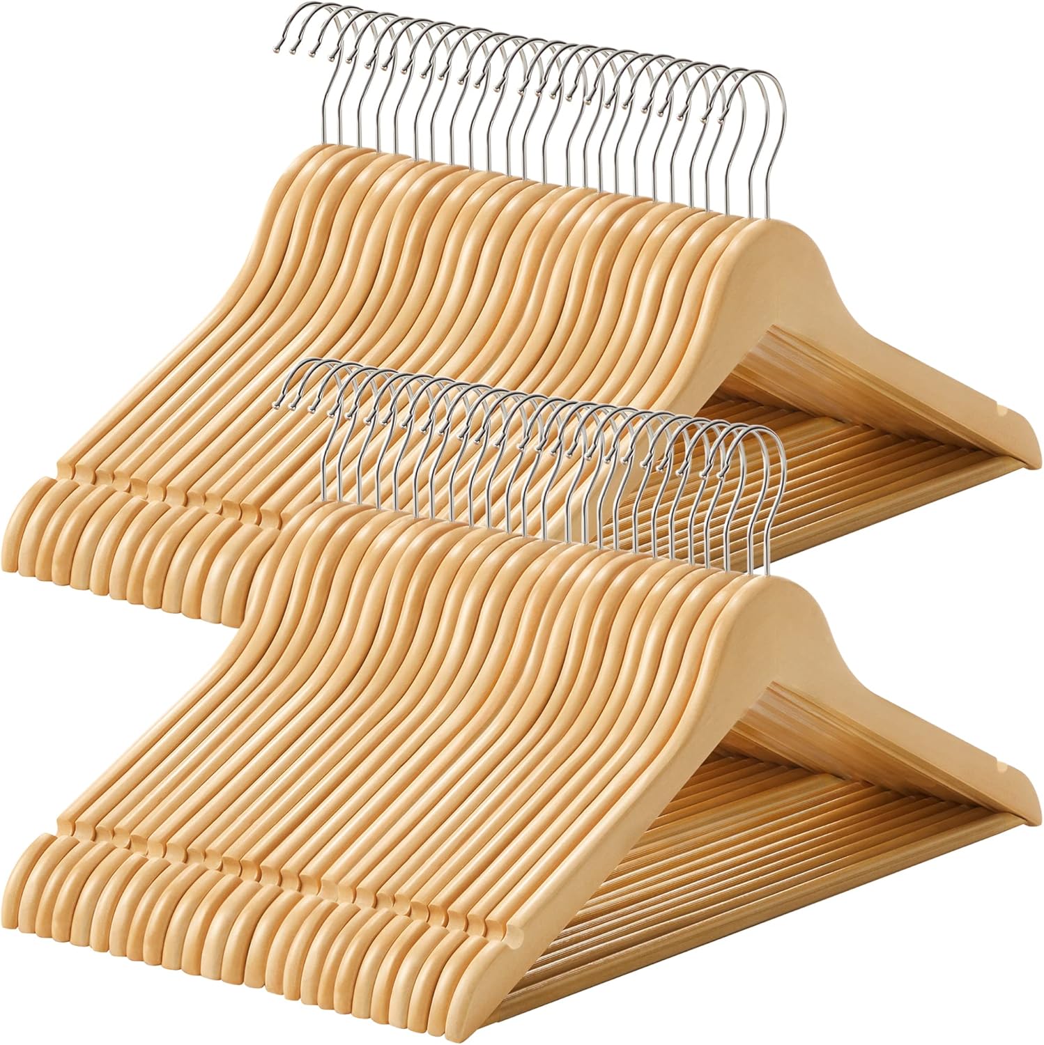 Bild von SONGMICS Kleiderbügel Holz, 50er Set, Bügel aus Massivholz, Einkerbungen im Schulterbereich, Rutschfester Hosensteg, um 360° drehbarer Haken, für Anzüge, Hemden, naturfarben-silbern CRW001-50