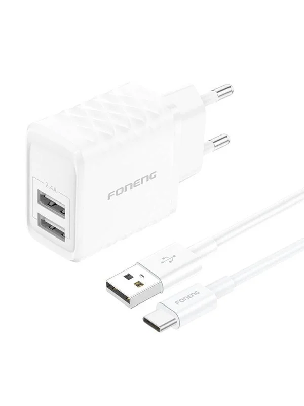 Bild von Foneng EU53 2xUSB-A 2.4A network charger (White) + USB-C cable