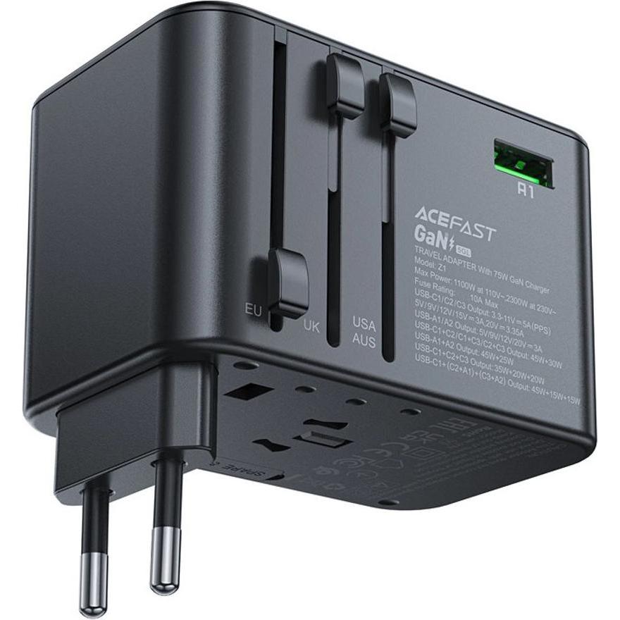 Bild von Acefast Multifunctional travel wall charger Z1, 2xUSB-A, 3xUSB-C, GaN, 67W, US/EU/UK/AU (black) (75 W), USB Ladegerät, Schwarz