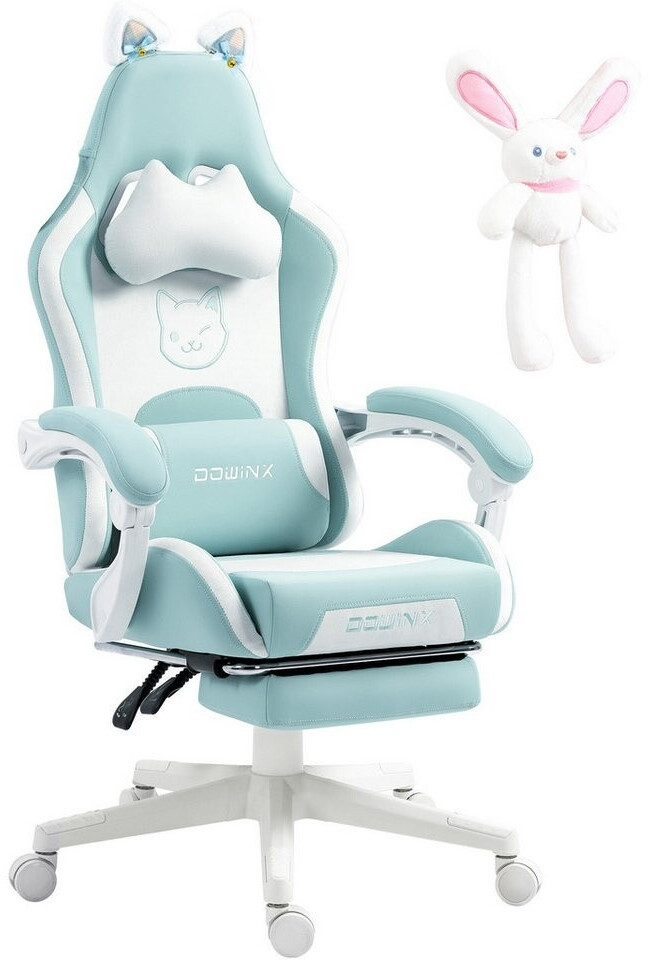 Bild von Dowinx Gaming Stuhl - Süße Katze Edition - Ergonomischer Computerstuhl mit Hoher Rückenlehne und Lendenwirbelstütze, PU-Leder, Fußstütze, Blau