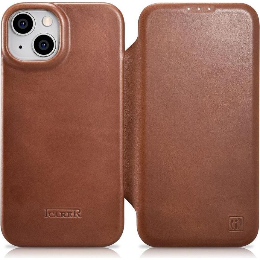 Bild von iCarer icarer CE Oil Wax Premium Leather Folio Case für iPhone 14 Plus Magnetic Flip Case MagSafe Brown (AK (iPhone 14 Plus), Smartphone Hülle, Braun