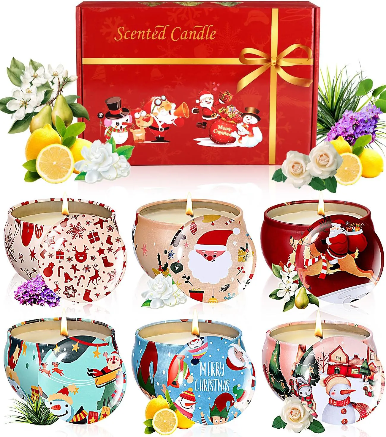 Bild von 6er Set Duftkerzen aus natürlichem Sojawachs, ideal als Weihnachtsgeschenk für Frauen, in dekorativen Zinn-Dosen für Aromatherapie