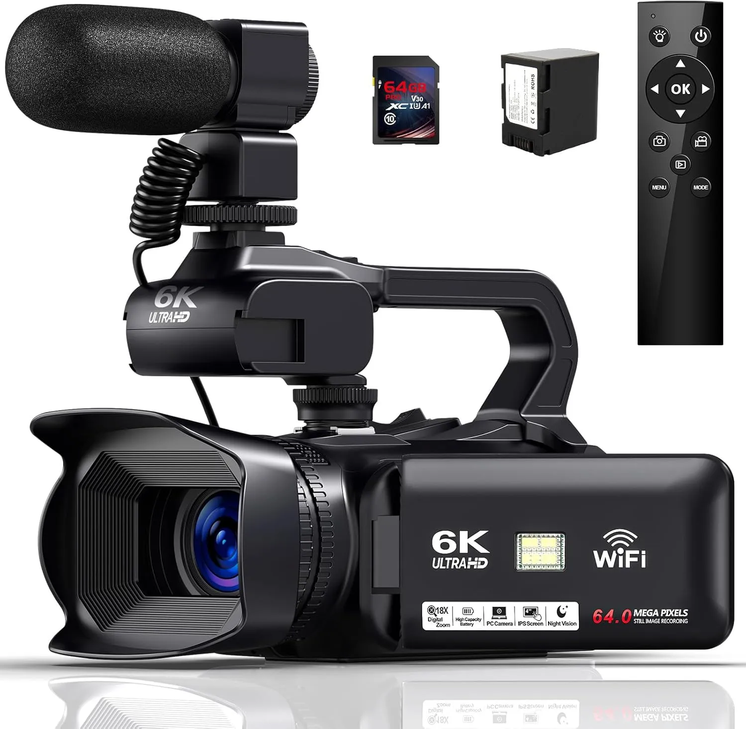 Bild von 6K Camcorder mit 64 MP und 18-fachem Digitalzoom, 4 Zoll Touchscreen, HD, WiFi, 4500 mAh Akku, 64 GB SD-Karte, Stabilisator, Mikrofon und Fernbedienung