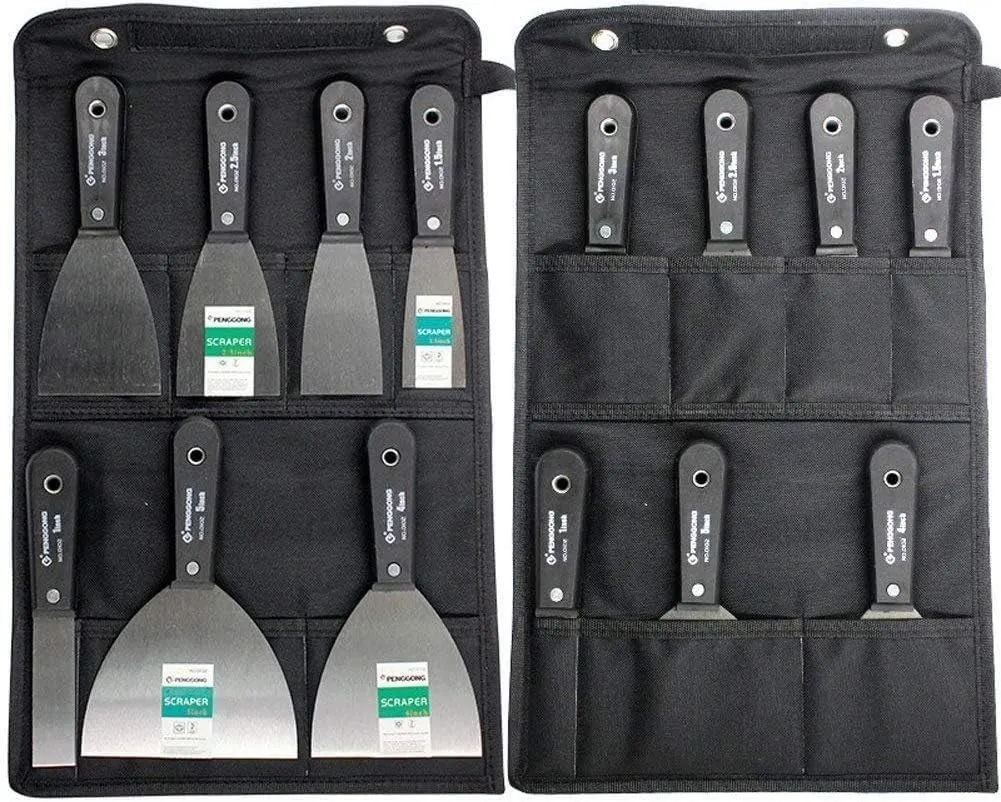 Bild von 7-teiliges Schaber und Spachtel Set aus Stahl mit schwarzer Aufbewahrungstasche GJB56