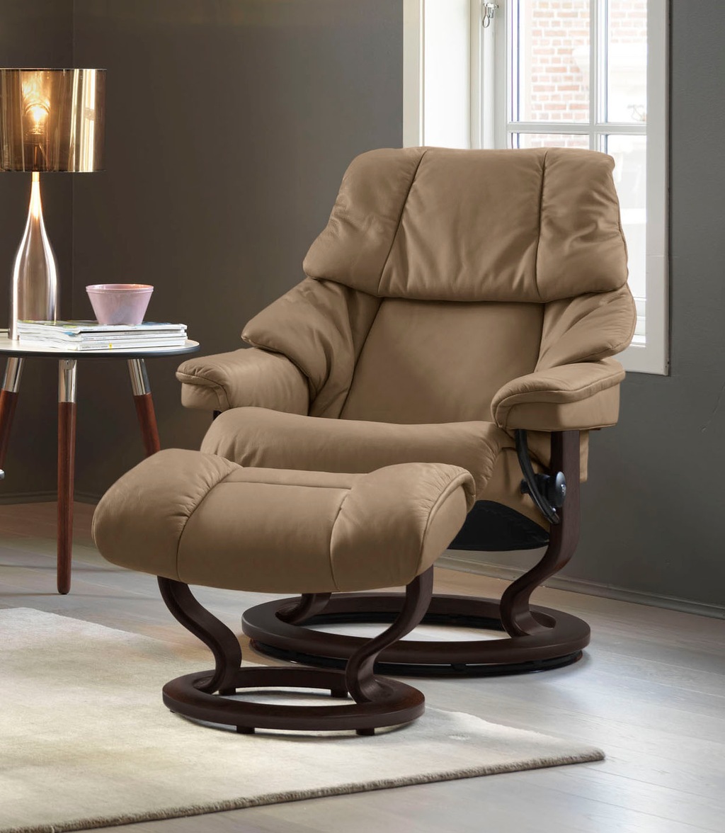 Bild von Stressless® Relaxsessel »Reno«, (Set, Relaxsessel mit Hocker), mit Hocker, mit Classic Base, Größe S, M & L, Gestell Braun