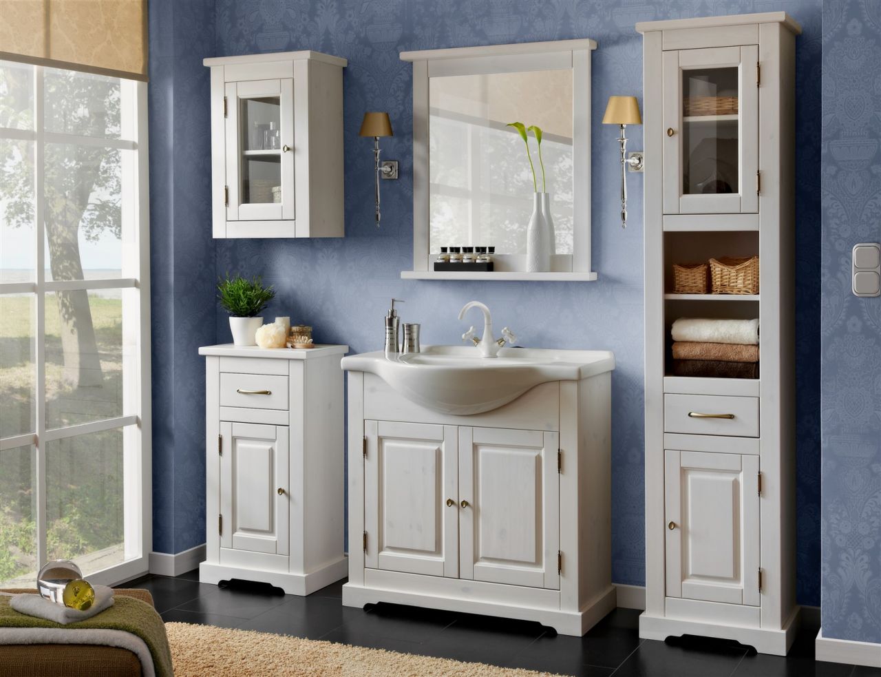 Bild von Badmöbel Set 5-tlg ROMI Massivholz Weiss inkl.Waschtisch 85 cm