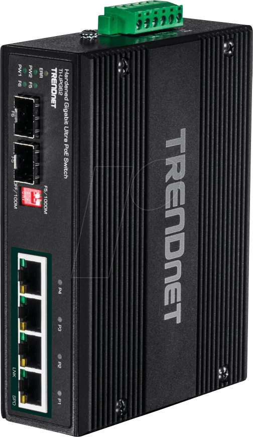 Bild von TRENDnet TI-UPG62 6-Port gehärteter industrieller Gigabit 10/100/1000 Mbps Ultra PoE DIN-Schiene Switch, UPoE, IP30, DIN-Schiene & Halterungen für Wandbefestigung inbegriffen