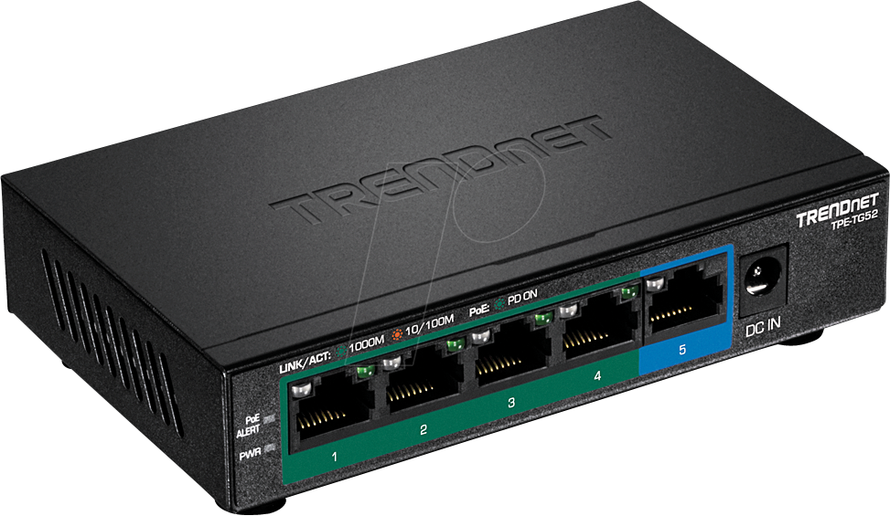 Bild von TRENDnet TPE-TG52 5-Port-Gigabit-PoE+-Switch, 32 W PoE-Leistungsbudget, 10 Gbit/s Schaltkapazität, IEEE 802.1p QoS, DSCP-Pass-Through-Unterstützung, Lüfterlos, Wandmontage, Schwarz