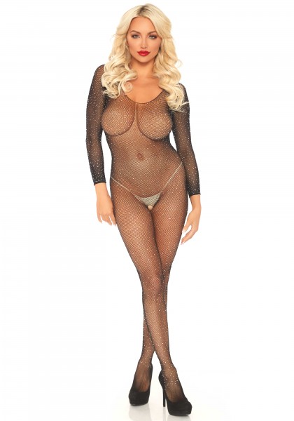 Bild von Leg Avenue Bodystocking Netz Bodystocking mit Schmucksteinen - schwarz (1 St) elastischer Netz-Stoff