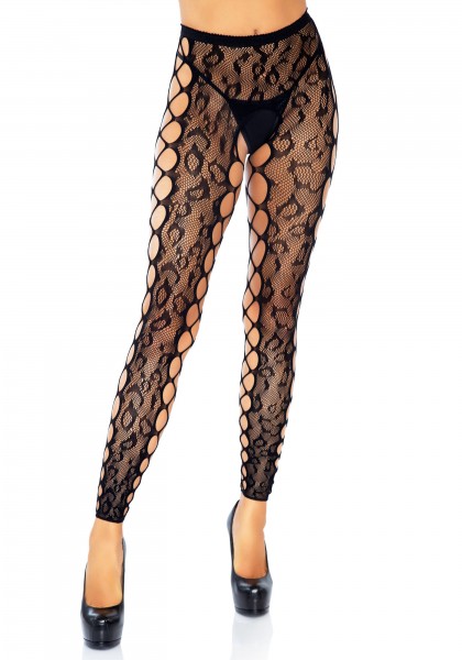Bild von Leg Avenue Netzstrumpfhose Fußlose Strumpfhose mit Leopardenmuster und Netz - schwarz (1 St) aus elastischem Netz-Stoff
