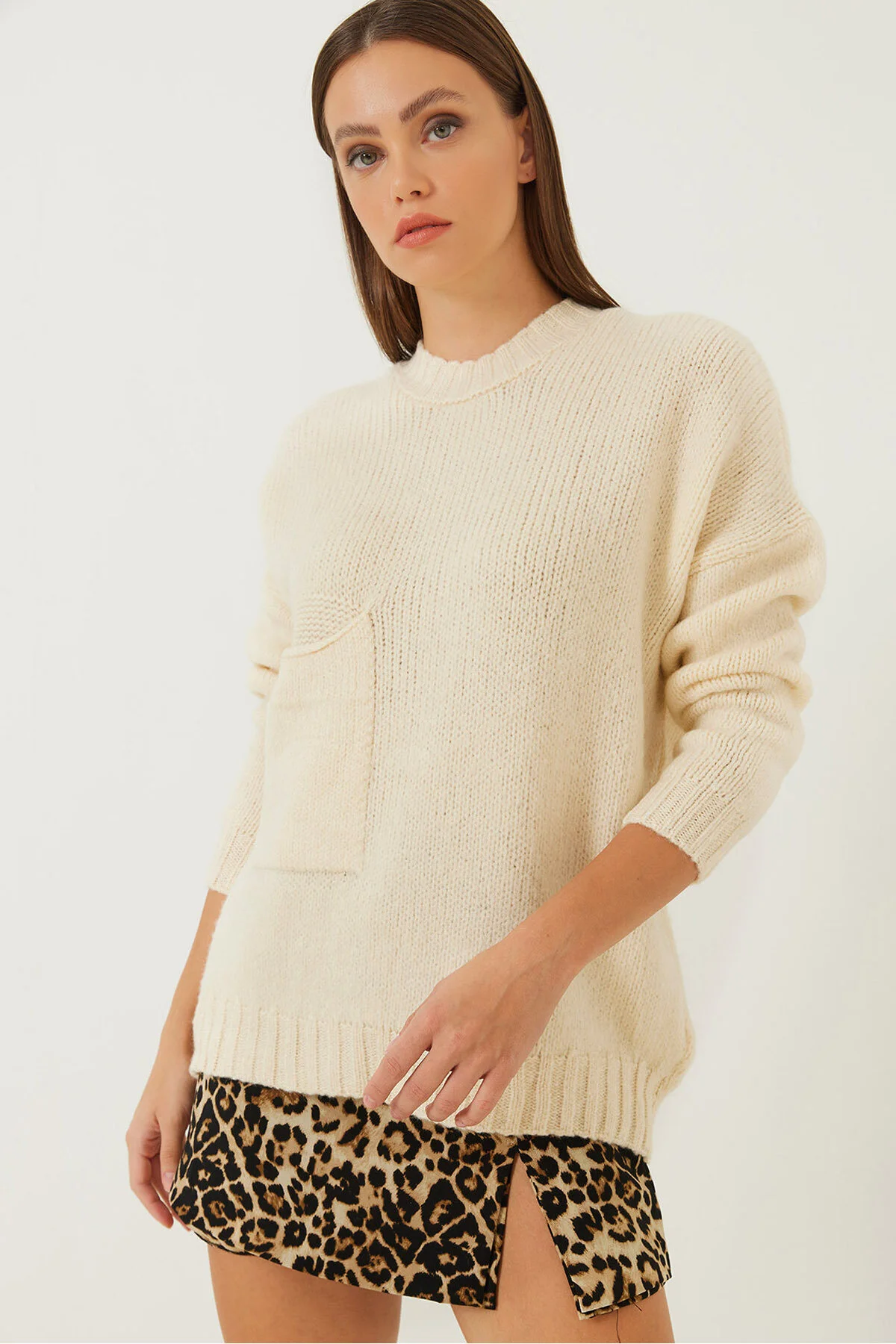 Bild von Bianco Lucci Gemusterter Strickpullover Mit Großen Taschen für Damen - Standard