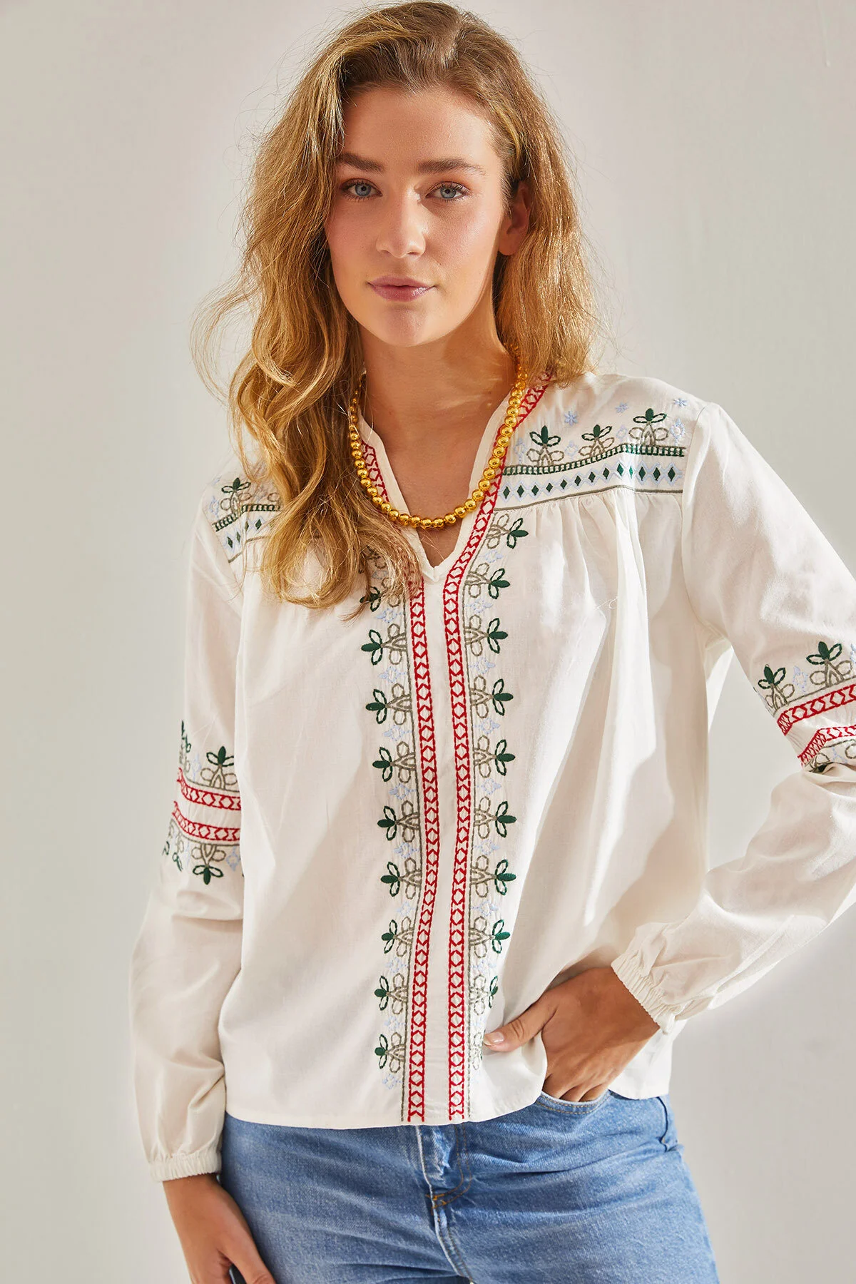 Bild von Bianco Lucci Modest Leinen Bestickte Bluse - für Damen - L