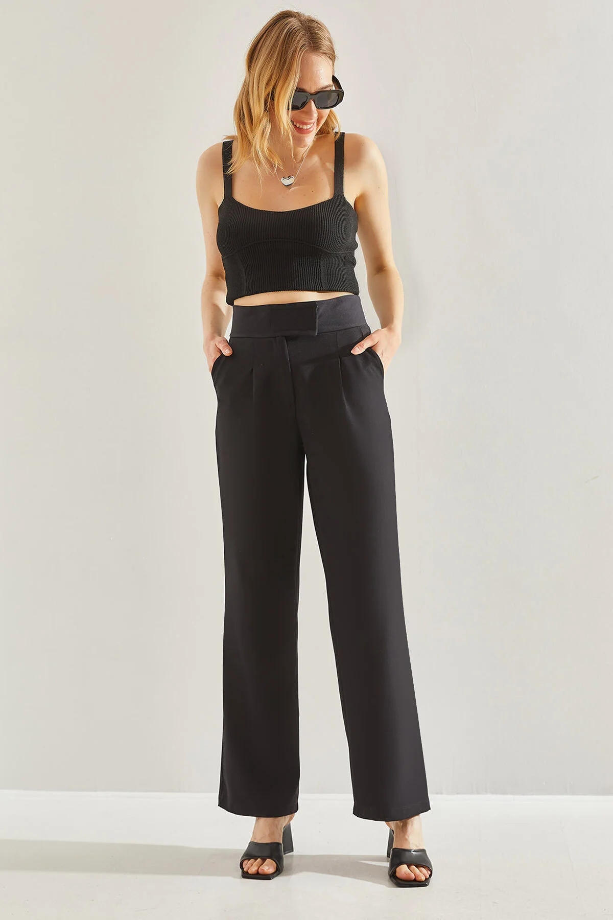 Bild von Bianco Lucci Palazzo-hose Mit Hohem Bund Und Klettverschluss Doppelgewebe für Damen - S